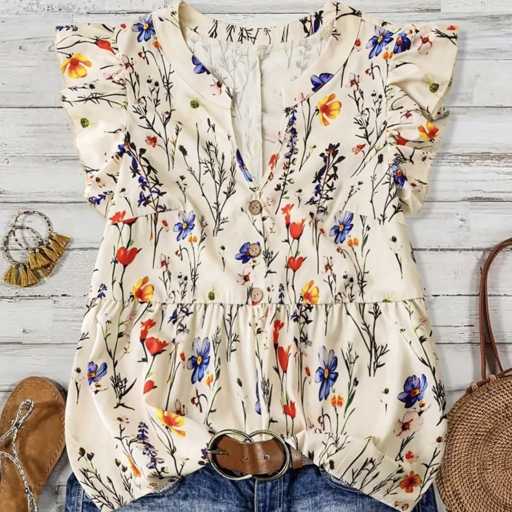 NEW Lovely Floral Print Ruffle Sleeve Top